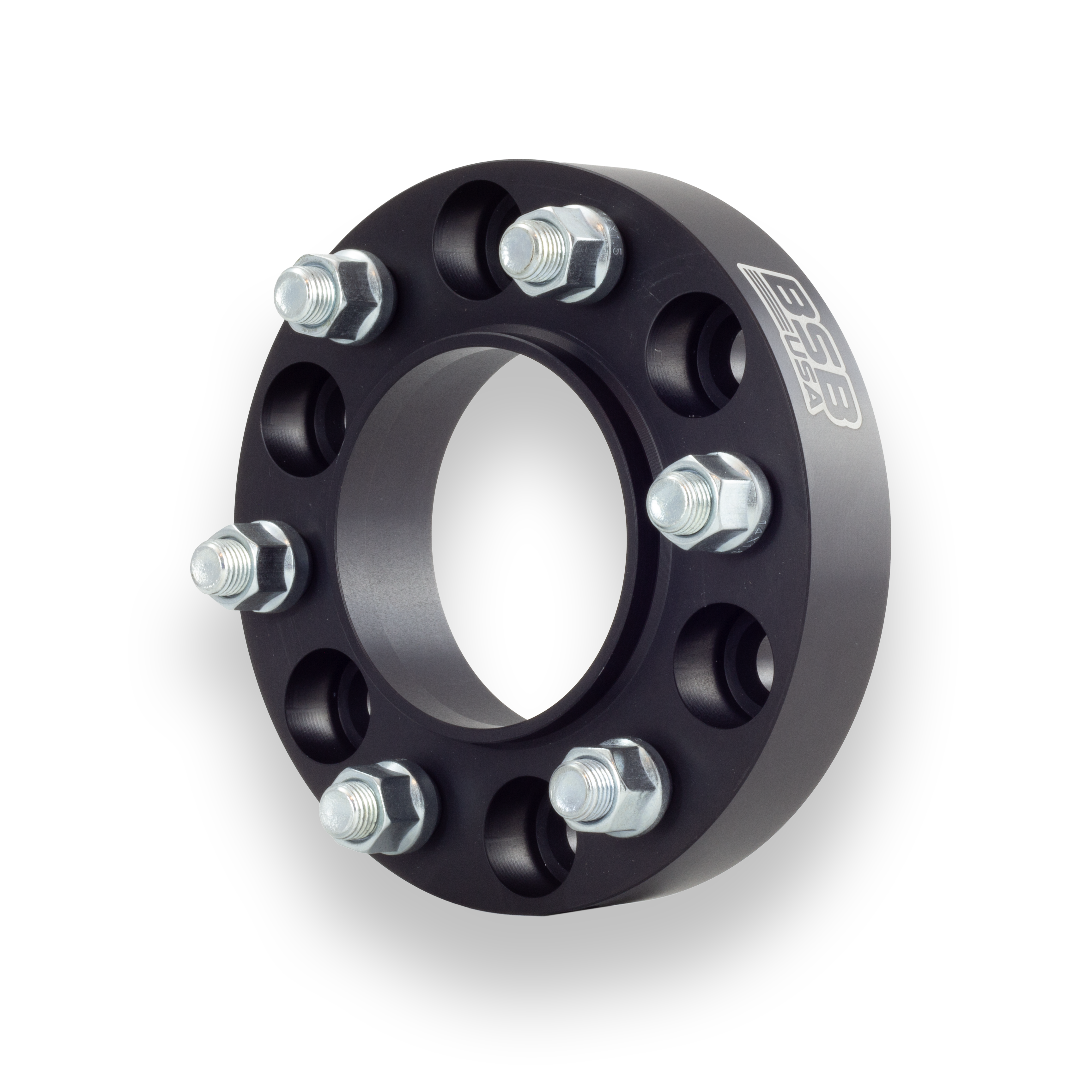 Finished billet aluminum bolt-on wheel spacer with pressed studs, CNC-machined and made in the USA.