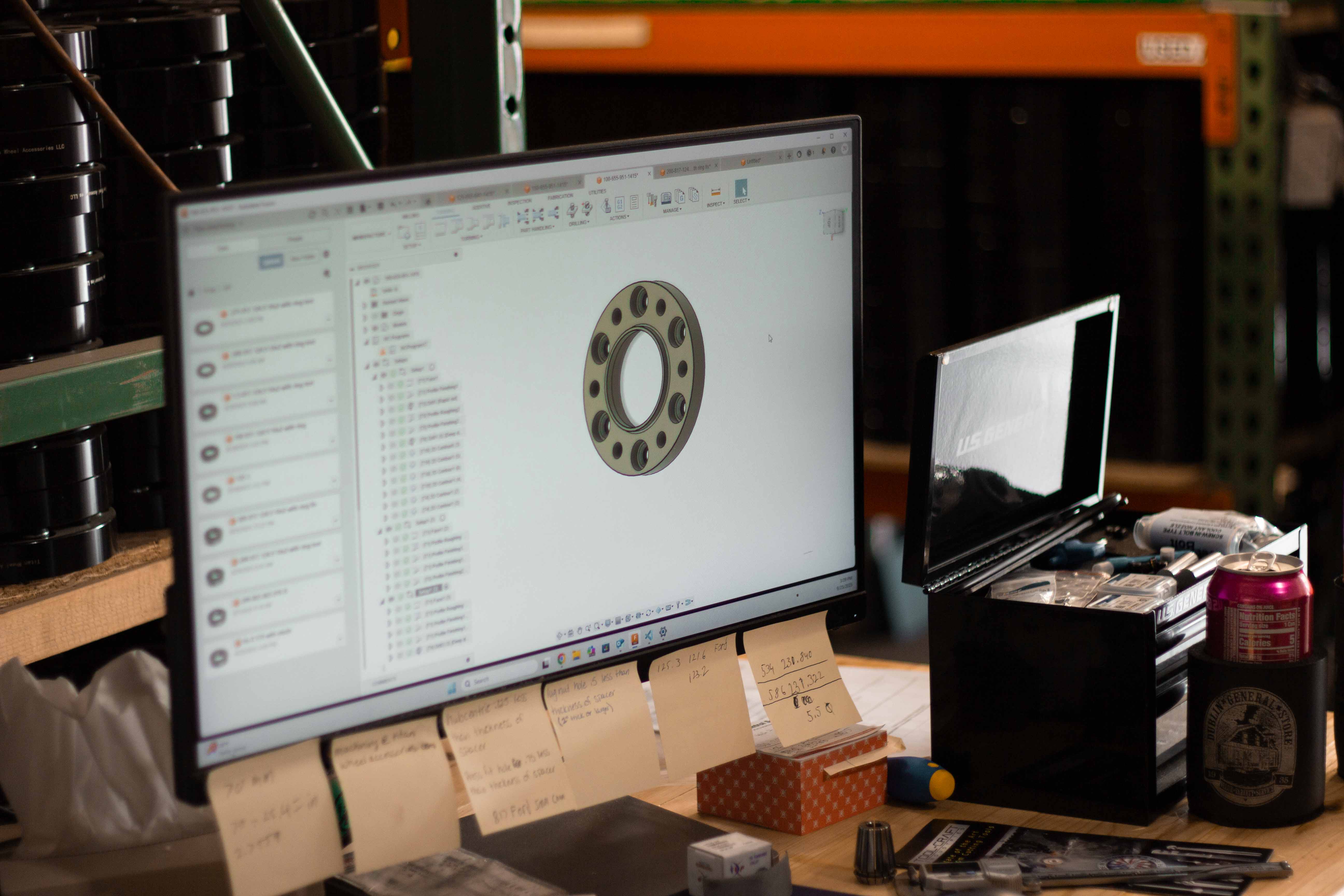 Photo showing a 3D model of a wheel spacer displayed on a computer screen during the design process at BSB USA.